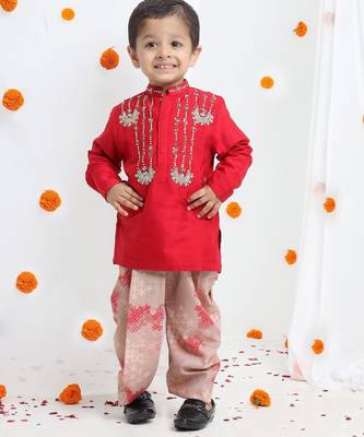 Redish hand embroidery kurta with beidge geometrical printed dhoti set for boys 1