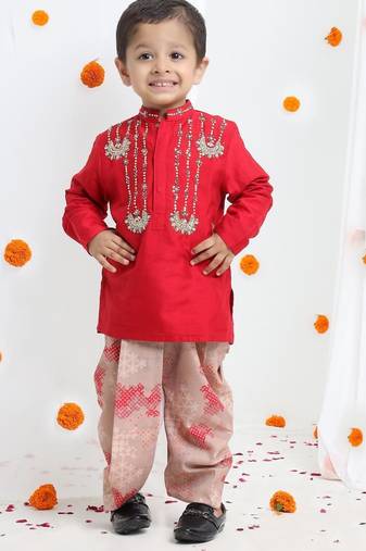 Redish hand embroidery kurta with beidge geometrical printed dhoti set for boys