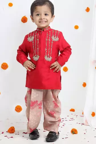 Redish hand embroidery kurta with beidge geometrical printed dhoti set for boys