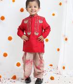 Redish hand embroidery kurta with beidge geometrical printed dhoti set for boys