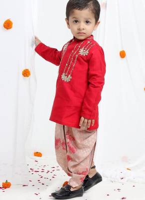 Redish hand embroidery kurta with beidge geometrical printed dhoti set for boys 2