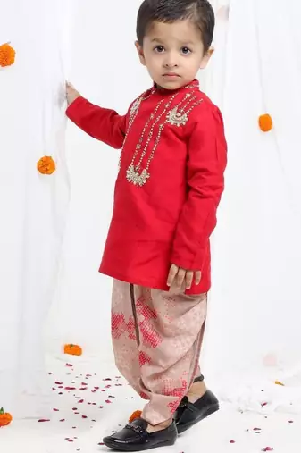 Redish hand embroidery kurta with beidge geometrical printed dhoti set for boys