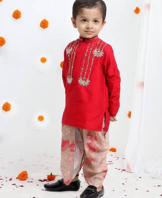 Redish hand embroidery kurta with beidge geometrical printed dhoti set for boys 3