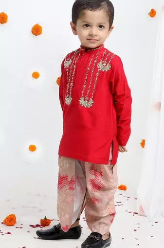 Redish hand embroidery kurta with beidge geometrical printed dhoti set for boys
