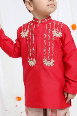 Redish hand embroidery kurta with beidge geometrical printed dhoti set for boys 4