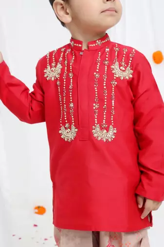 Redish hand embroidery kurta with beidge geometrical printed dhoti set for boys