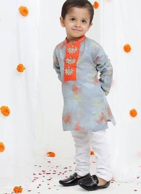 Grey geometrical printed hand embroidery kurta with pajama set for boys 1