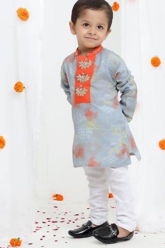 Grey geometrical printed hand embroidery kurta with pajama set for boys