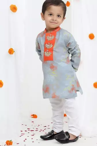 Grey geometrical printed hand embroidery kurta with pajama set for boys