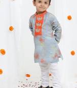 Grey geometrical printed hand embroidery kurta with pajama set for boys
