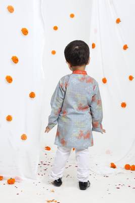 Grey geometrical printed hand embroidery kurta with pajama set for boys 2