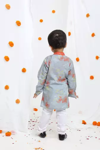 Grey geometrical printed hand embroidery kurta with pajama set for boys