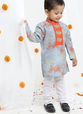 Grey geometrical printed hand embroidery kurta with pajama set for boys 3