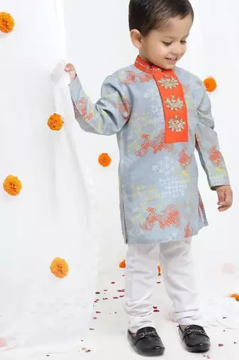 Grey geometrical printed hand embroidery kurta with pajama set for boys