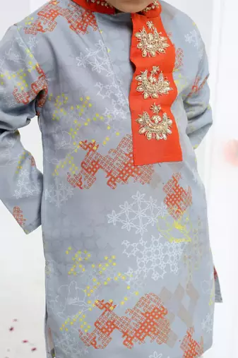 Grey geometrical printed hand embroidery kurta with pajama set for boys