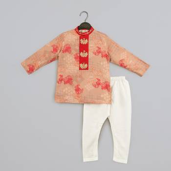 Beige geometrical printed hand embroidery kurta with pajama set for boys 1