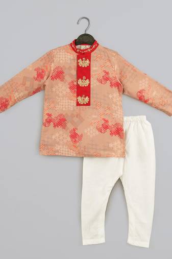 Beige geometrical printed hand embroidery kurta with pajama set for boys