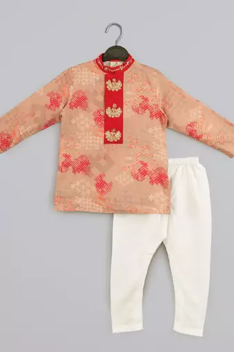 Beige geometrical printed hand embroidery kurta with pajama set for boys