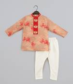 Beige geometrical printed hand embroidery kurta with pajama set for boys
