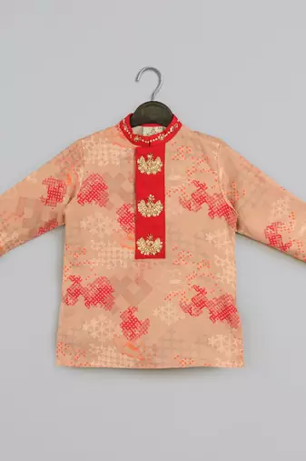 Beige geometrical printed hand embroidery kurta with pajama set for boys