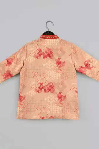 Beige geometrical printed hand embroidery kurta with pajama set for boys