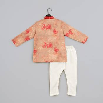 Beige geometrical printed hand embroidery kurta with pajama set for boys 4