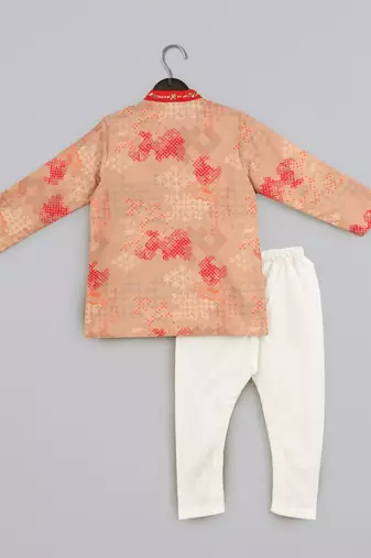 Beige geometrical printed hand embroidery kurta with pajama set for boys