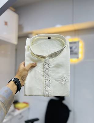 White hand work men's kurta and Pajama for Mens 5