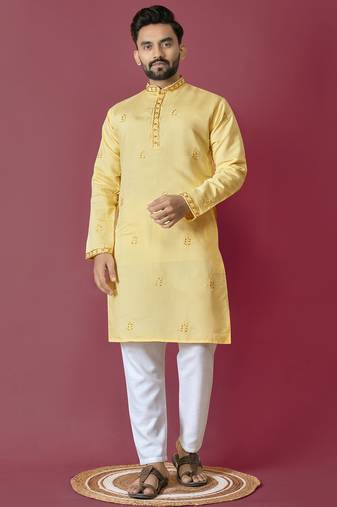Yellow hand work men's kurta and Pajama for Mens