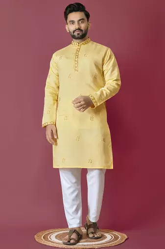 Yellow hand work men's kurta and Pajama for Mens