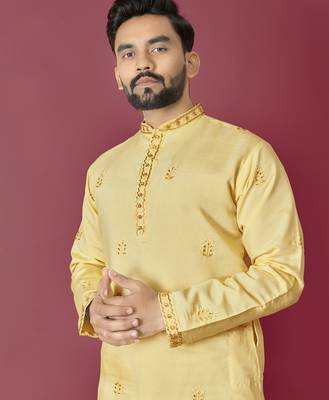Yellow hand work men's kurta and Pajama for Mens 4