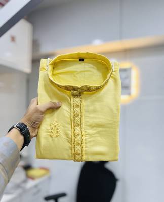 Yellow hand work men's kurta and Pajama for Mens 5