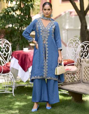 Blue  premium embroidered pure-muslin stitched salwar suit 1