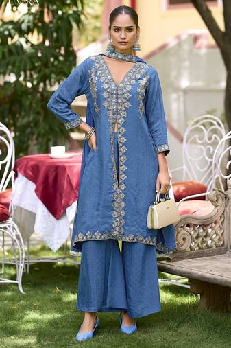 Blue  premium embroidered pure-muslin stitched salwar suit