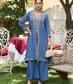 Blue  premium embroidered pure-muslin stitched salwar suit
