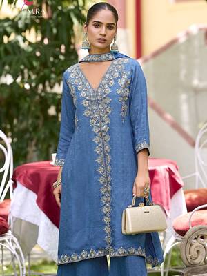 Blue  premium embroidered pure-muslin stitched salwar suit 2