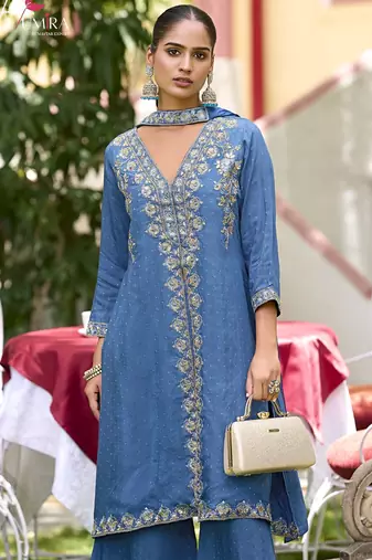 Blue  premium embroidered pure-muslin stitched salwar suit