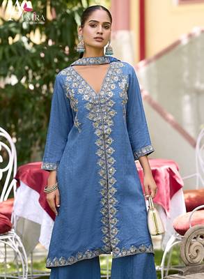 Blue  premium embroidered pure-muslin stitched salwar suit 3