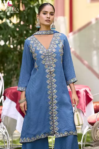 Blue  premium embroidered pure-muslin stitched salwar suit
