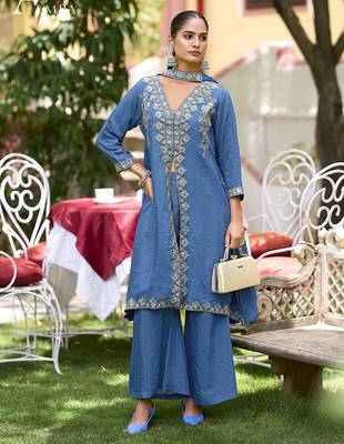 Blue  premium embroidered pure-muslin stitched salwar suit 4