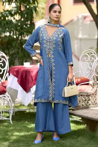 Blue  premium embroidered pure-muslin stitched salwar suit