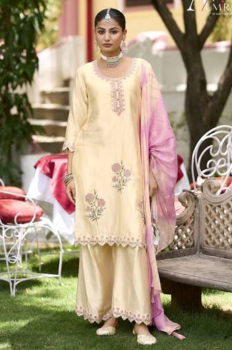 Cream premium embroidered pure gajji readymade plazzo suit