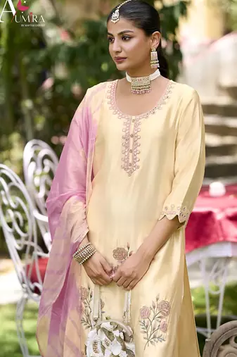 Cream premium embroidered pure gajji readymade plazzo suit