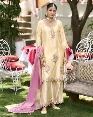 Cream premium embroidered pure gajji readymade plazzo suit 3