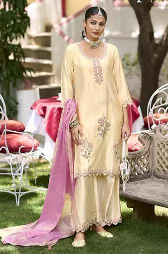 Cream premium embroidered pure gajji readymade plazzo suit