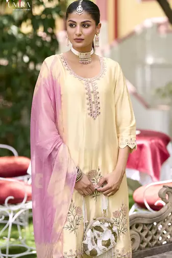 Cream premium embroidered pure gajji readymade plazzo suit