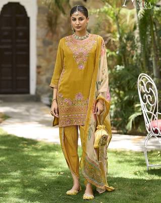 Yellow  premium embroidered pure shimmer stitched dhoti suit 1