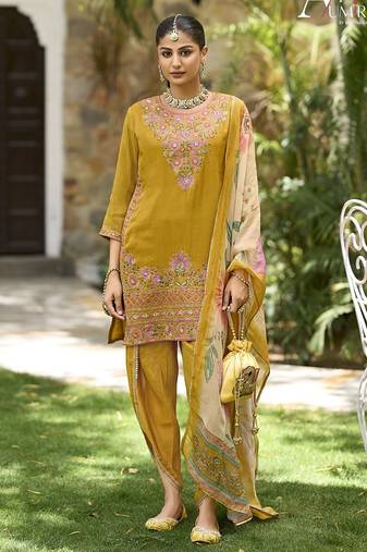 Yellow  premium embroidered pure shimmer stitched dhoti suit