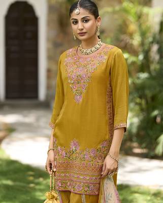 Yellow  premium embroidered pure shimmer stitched dhoti suit 2