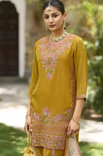 Yellow  premium embroidered pure shimmer stitched dhoti suit